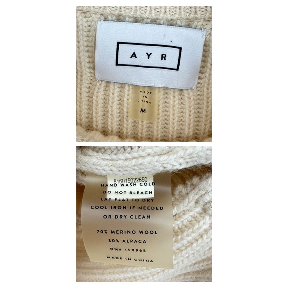 AYR Ribbed Asymmetrical Sweater Cream Wool Alpaca Mixed Mock Neck Short Sleeve M - Picture 3 of 13